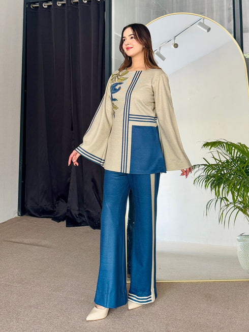 Beige Blue Woollen Coord Set